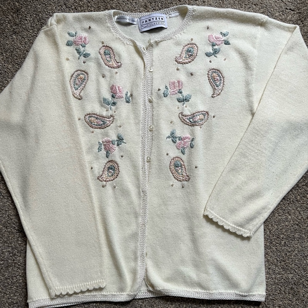 Vintage Cream Embroidered Paisley Cardigan Sweater (M)